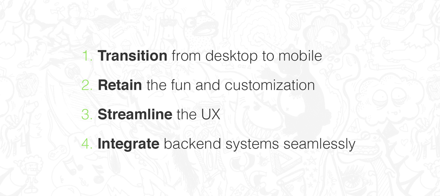 Transition from desktop to mobile. Retain the fun and customization. Streamline the UX. Integrate the backend systems seamlessly.