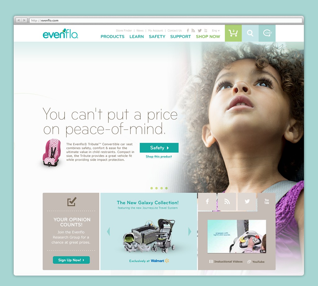 Evenflo homepage design on desktop web browser