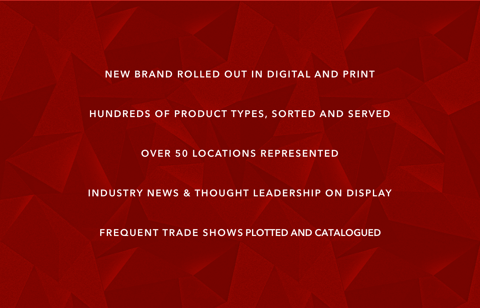 New brand rolled out in digital and print. Hundreds of product types, sorted adn served. Over 50 locations represented. Industry news. Frequent trade shows plotted and catalogued.